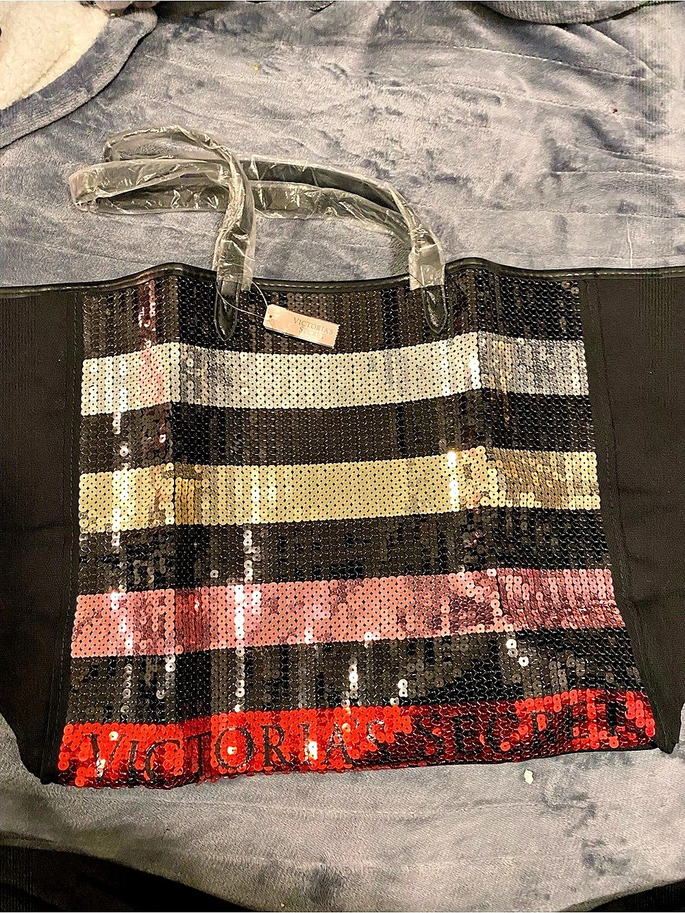 Victoria's Secret Sequin Stripe Tote Bag Black & Gold NWT